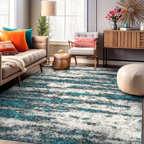 World Rug Gallery Contemporary Abstract Design Plush Shag Area Rug 5'3'' x 7' Turquoise 466TURQUOISE5X7 - main